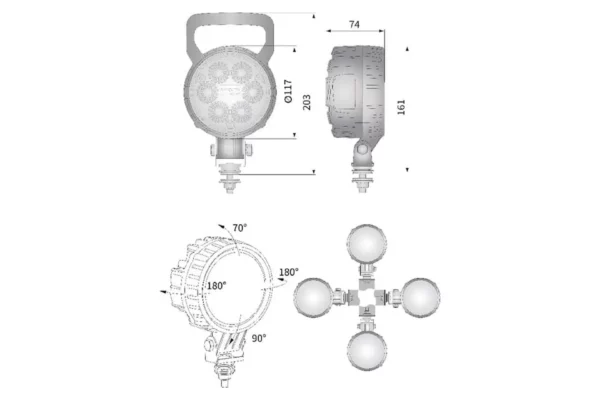 Towar Lampa robocza LED, okrągła, 29W 2500 lm 10/30V światło rozproszone z wtyczką Deutsch, 6 LED Towar