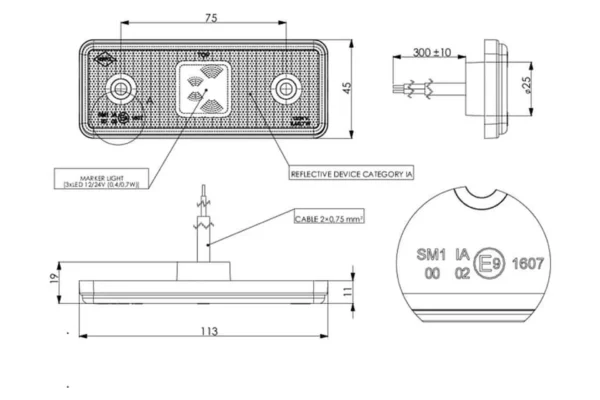 gopart Lampa obrysowa LED, 0.4/0.7W prostokątna, 12/24V pomarańczowa, 3 LED gopart