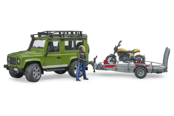 Land Rover Defender z przyczepą z motocyklem Ducati i figurką 