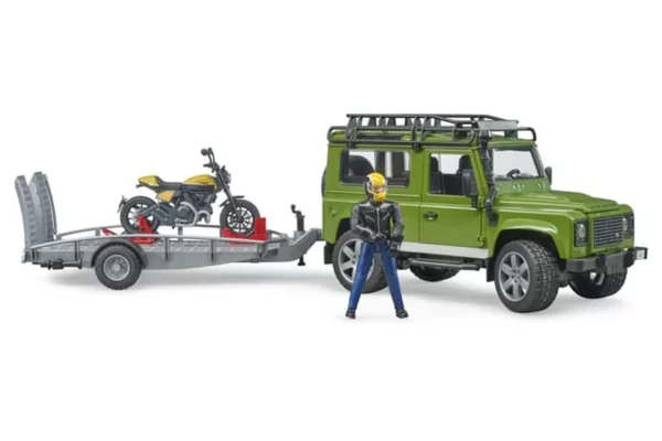 Bruder Land Rover Defender z przyczepą z motocyklem Ducati i figurką 