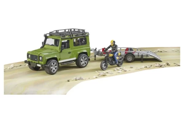 Bruder Land Rover Defender z przyczepą z motocyklem Ducati i figurką 