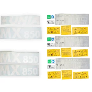 Oryginalny kompletny zestaw naklejek rozsiewacza nawozów MX 850 marki Unia zawierający oznaczenia modelu