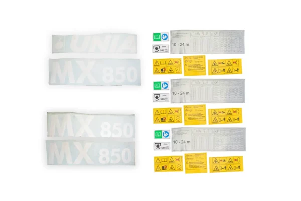 Oryginalny kompletny zestaw naklejek rozsiewacza nawozów MX 850 marki Unia zawierający oznaczenia modelu