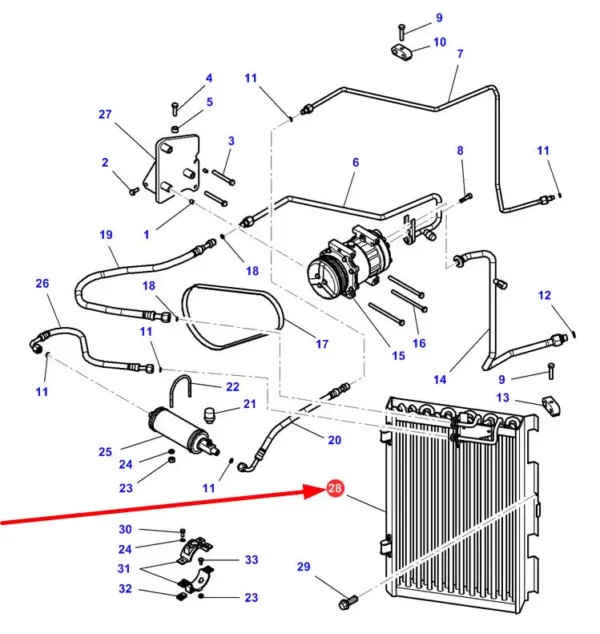 Zamiennik oryginalnej chłodnicy klimatyzacji stosowanej w ciągnikach rolniczych marek Massey Ferguson, Challenger o numerze katalogowym 3785833M3 schemat.