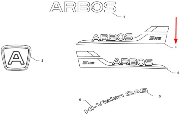 Oryginalna lewa naklejka ARBOS 5115 o numerze P5S51501115, stosowana w ciągnikach rolniczych marki Arbos. Rzeczywisty kolor naklejki jest inny, ponieważ pokryta jest folią. - schemat