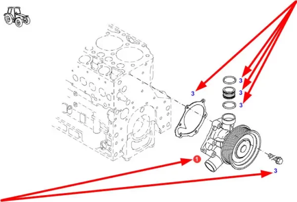 Zamiennik oryginalnej pompy wody z uszczelkami i śrubami mocującymi o numerze katalogowym 22/130-352, stosowana w ciągnikach rolniczych marki Fendt schemat.