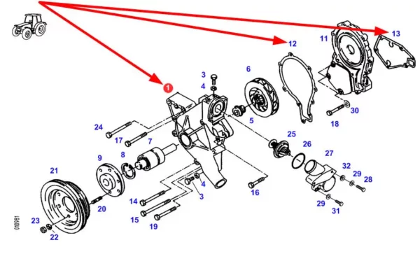 Pompa wody z uszczelkami o numerze katalogowym F926200610060, stosowana jako zamiennik w ciągnikach rolniczych marki Fendt schemat.