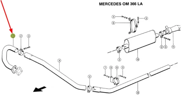 Oryginalne kolano rury wydechowej o numerze katalogowym 657239.1, stosowane w kombajnach zbożowych marki Claas wyposażonych w silnik Mercedes OM366 LA schemat.