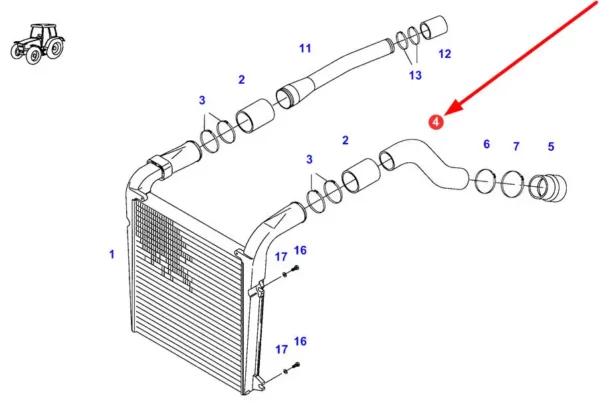 Oryginalny przewód metalowy intercoolera o numerze katalogowym 818200190030, stosowany w ciągnikach rolniczych marki Fendt schemat.