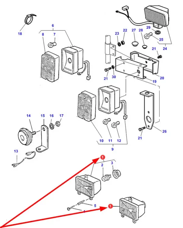 Lampa przednia prawao numerze katalogowym 181-8, stosowana w ciągnikach rolniczych marki Massey Ferguson schemat.