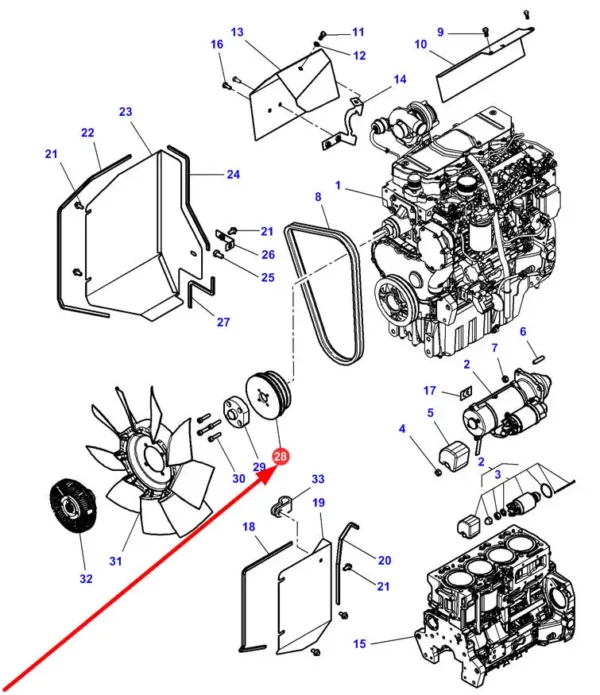 Oryginalne koło pasowe wentylatora chłodnicy o numerze katalogowym 3789478M3, stosowane w ciągnikach rolniczych marki Massey Ferguson schemat.