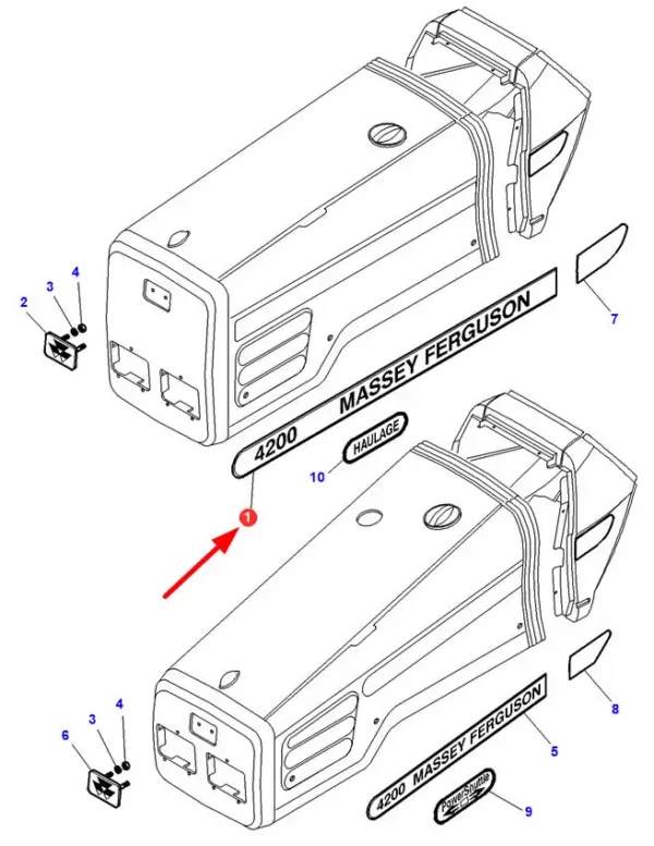Oryginalna naklejka Massey Ferguson 4235 o numerze katalogowym 3809182M1, stosowana w ciągnikach marki Massey Ferguson schemat.
