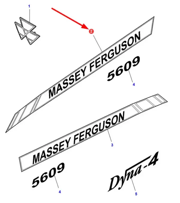 Oryginalna naklejka Massey Ferguson lewa o numerze katalogowym 4378323M1, stosowana w ciągnkach rolniczych marki Massey Ferguson schemat.