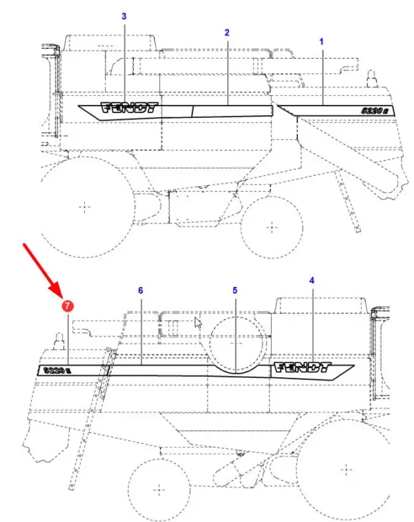 Oryginalna naklejka 5220 E prawa o numerze katalogowym 7109944M1, stosowana w kombajnach zbożowych marki Massey Ferguson schemat.