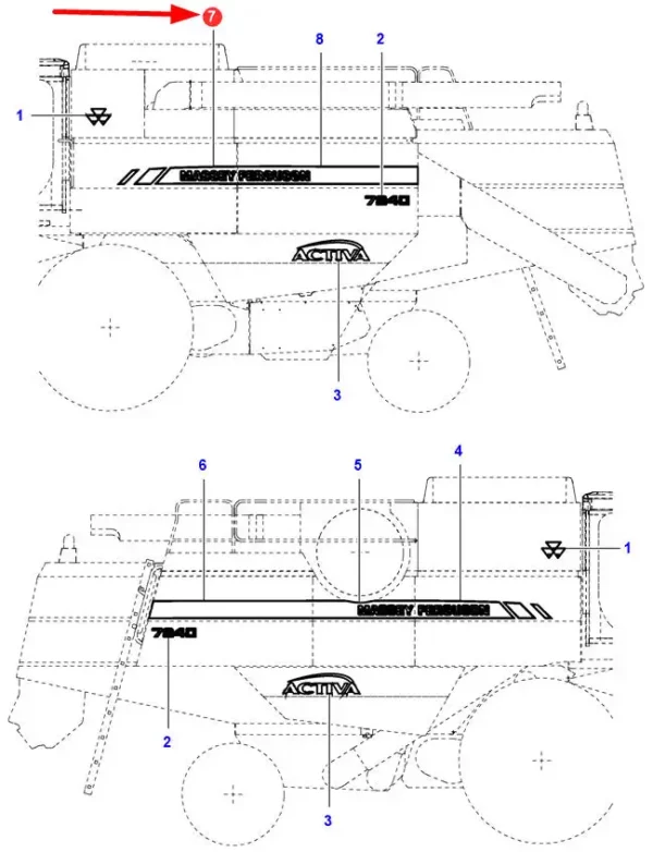 Oryginalna naklejka o numerze katalogowym LA323156151, stosowana w kombajnach marki Massey Ferguson schemat.