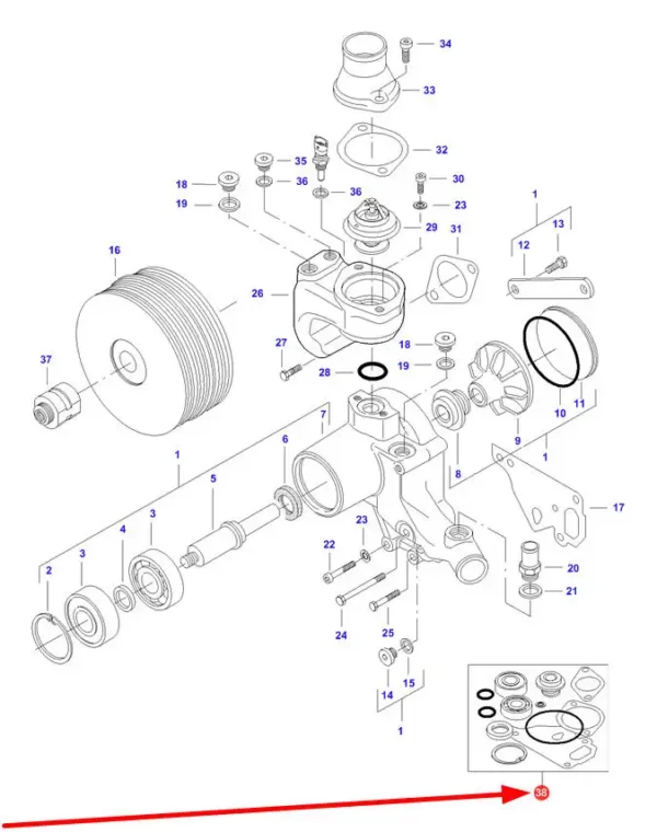 Oryginalny zestaw naprawczy pompy wody o numerze katalogowym V837079639, stosowany w ciągnikach rolniczych marek Massey Ferguson, Fendt, Challenger, Valtra schemat.