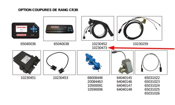 Oryginalna wiązka wysprzęglania 6-ciu sekcji kontrolera CS30 Premium o numerze katalogowym 10230473, stosowana w siewnikach punktowych marki Monosem schemat.