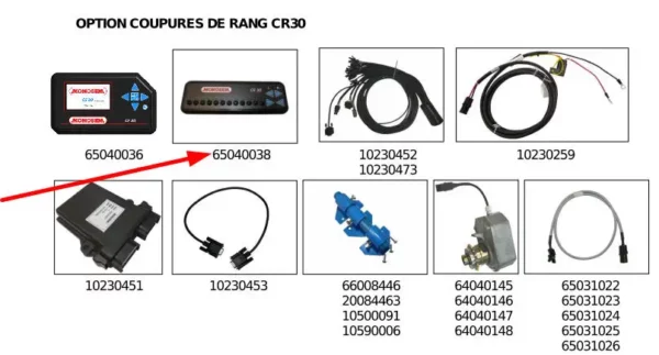 Oryginalna konsola CR 30 do rozłączania sekcji o numerze katalogowym 65040038, stosowana w siewnikach punktowych marki Monosem schemat.