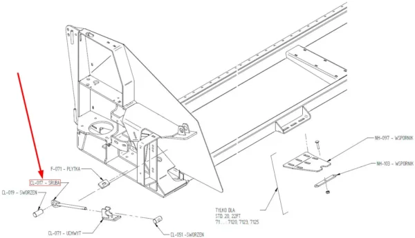 Oryginalna śruba oczkowa M16 x 2.0 x 260 mm o numerze katalogowym CL-017, stosowana w stołach do rzepaku marek Massey Ferguson oraz Fendt schemat.