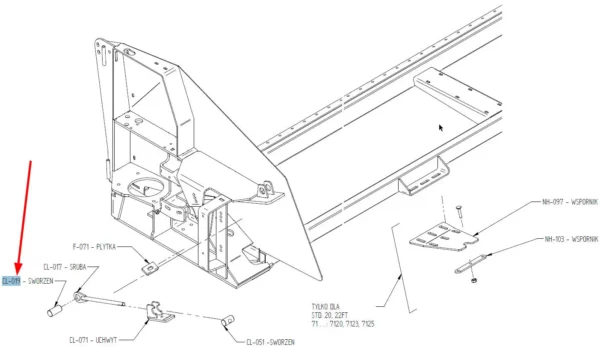 Sworzeń o numerze katalogowym CL-019, stosowany w maszynach rolniczych wielu marek schemat