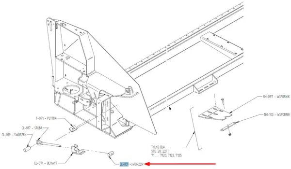 Sworzeń zawieszenia o numerze katalogowym CL-051, stosowany w stołach do rzepaku marek Fendt oraz massey Ferguson schemat.