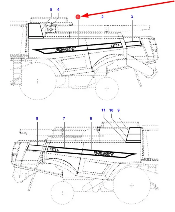 Oryginalna naklejka lewego poszycia bocznego o numerze katalogowym LA323607650, stosowana w kombajnach zbożowych marki Fendt schemat.