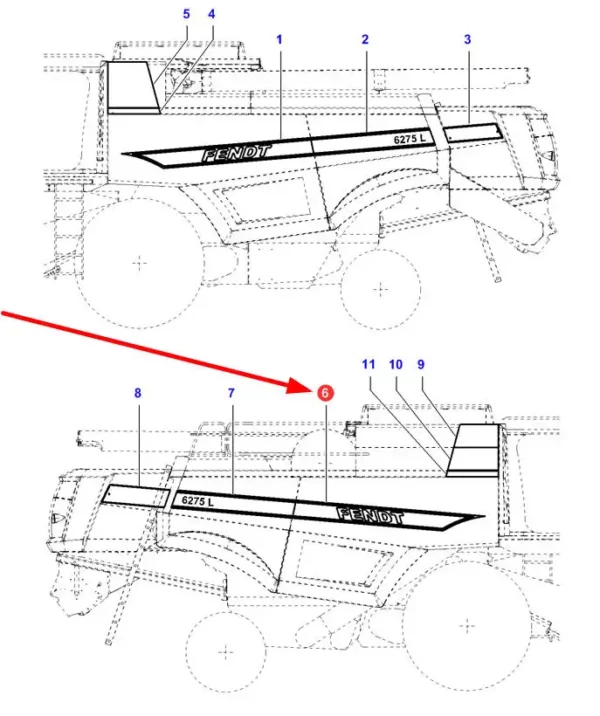 Oryginalna naklejka prawego poszycia bocznego o numerze katalogowym LA323608150, stosowana w kombajnach zbożowych marki Fendt schemat.