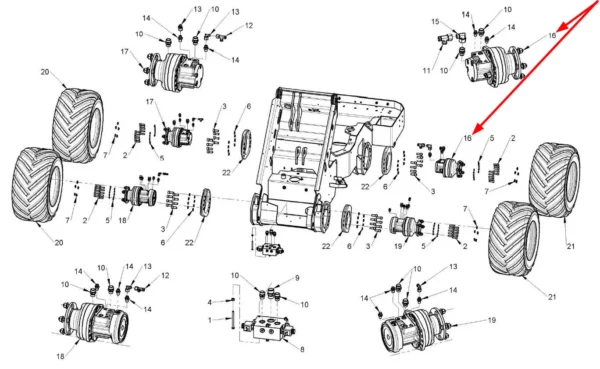 Oryginalny silnik hydrauliczny lewego koła o pojemności 500 cm3, 2 prędkości jazdy i numerze katalogowym C038681, stosowany w ładowarkach marki MultiOne schemat.