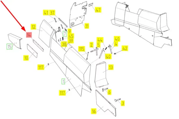 Oryginalny element obudowy prawego poszycia bocznego pochodzący z dekompletacji, nowy o długości L-980 mm i numerze katalogowym 100483351, stosowany w kombajnach zbożowych marki Rostselmash schemat.