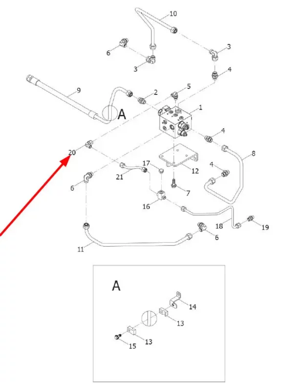 Oryginalne kolanko hydrauliczne L8 o numerze katalogowym GBT3754-L8, stosowane w ciągnikach rolniczych marek Arbos oraz Lovol. schemat