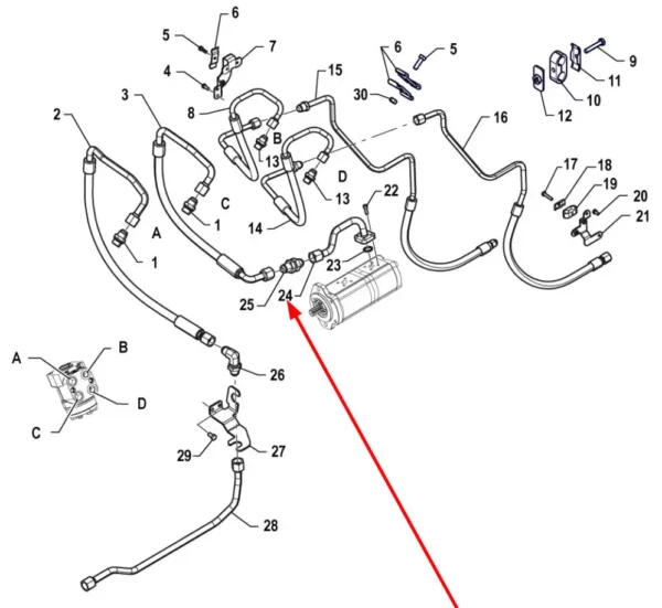 Oryginalny przewód hydrauliczny układu kierowniczego o numerze katalogowym P5P40201041, stosowany w ciągnikach rolniczych marki Arbos schemat.