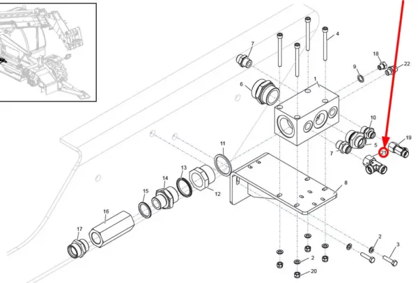 Oryginalny trójnik hydrauliczny o numerze katalogowym 208150001, stosowany w maszynach rolniczych wielu marek.-schemat