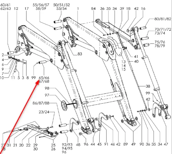 Sworzeń siłownika o wymiarach 30 x 120 mm i numerze katalogowym 43043055, stosowany w ładowaczach czołowych marki Stoll. schemat