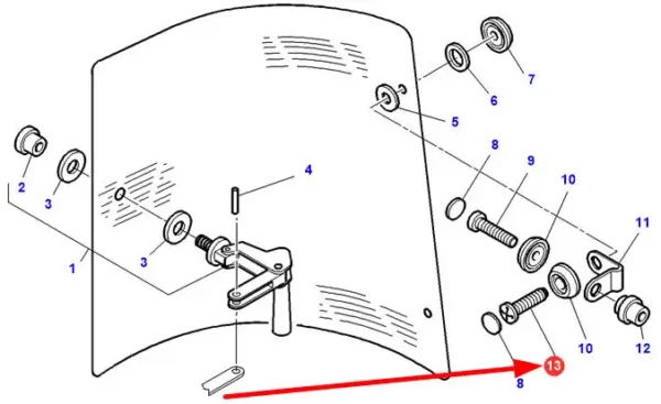 Oryginalna śruba z łbem kulistym M8 x 12, mocowania zamka szyby o numerze katalogowym 3009544X1, stosowany w ciągnikach rolniczych marek Massey Ferguson oraz Challenger schemat.