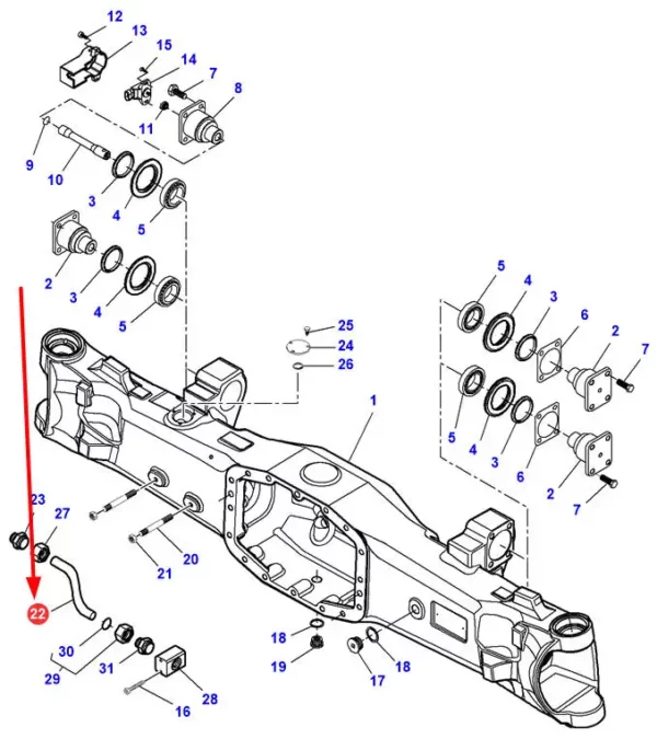 Oryginalny przewód hydrauliczny przedniej osi o numerze katalogowym 7502604701, stosowany w ciągnikach rolniczych marek Massey Ferguson oraz Challenger schemat.