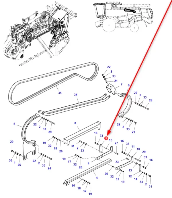 Oryginalny wspornik osłony pasa napędowego o numerze katalogowym LA322836950, stosowany w kombajnach zbożowych marek Massey Ferguson, Fendt, Laverda i Challenger. schemat