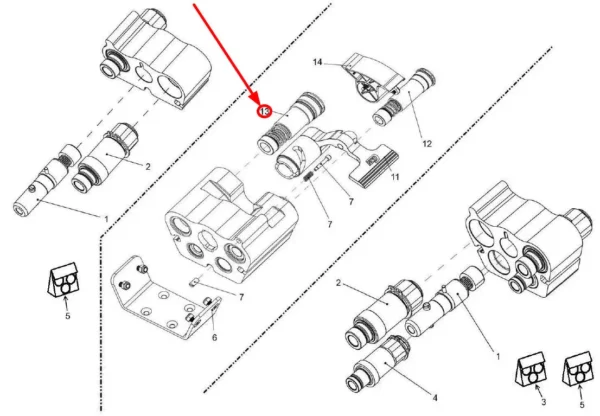 Oryginalne gniazdo hydrauliczne multizłącza o numerze katalogowym FF1187/105651907, stosowane w ładowarkach marki MultiOne.-schemat