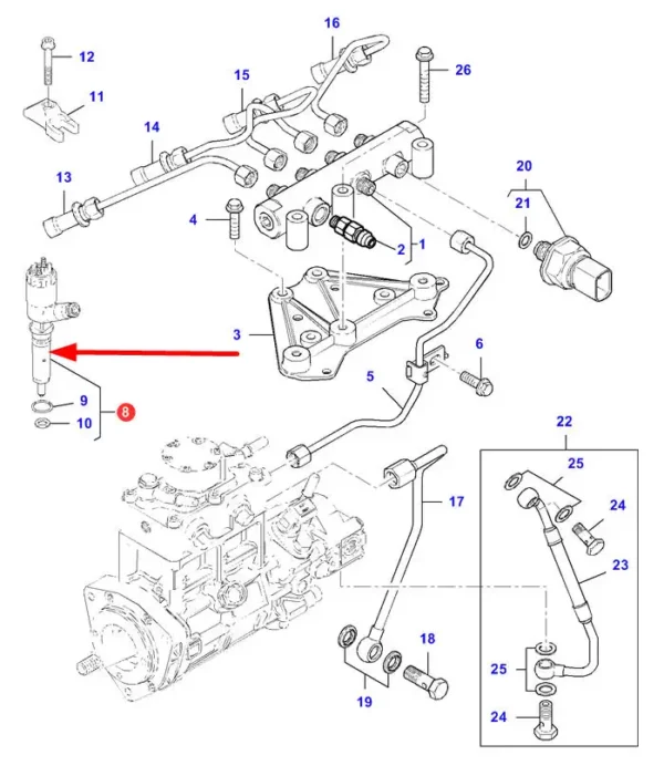 Wtryskiwacz marki Caterpillar/Perkins, zestaw z płytą  o numerze katalogowym 2645A747, stosowany w ciągnikach rolniczych marki Massey Ferguson schemat.