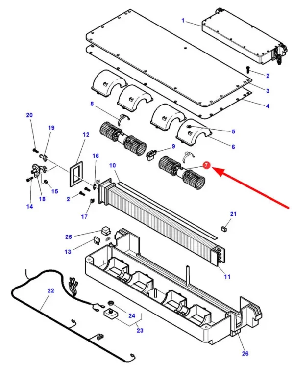 Wentylator kabiny o numerze katalogowym 3904296M1, stosowany w ciągnikach rolniczych marki Massey Ferguson.-schemat