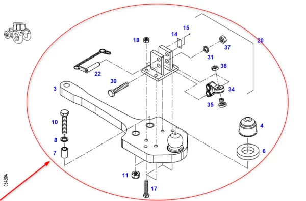 Oryginalny zaczep kulowy kompletny o numerze katalogowym 0098096100000, stosowany w ciągnikach rolniczych marek Fendt i Massey Ferguson. schemat