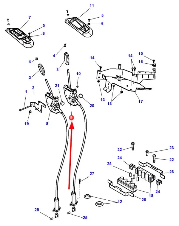 Oryginalna dźwignia sterująca z linką, o numerze katalogowym 3787589M97, stosowana w ciągnikach rolniczych marki Massey Ferguson.-schemat
