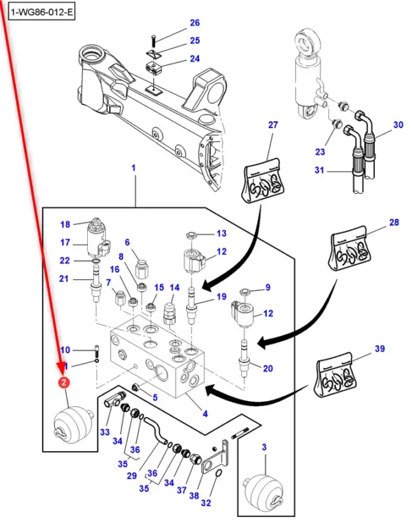 Oryginalny akumulator hydrauliczny amortyzacji przedniej osi o numerze katalogowym 7352660103, stosowany w ciągnikach rolniczych marek Massey Ferguson i Challenger. schemat