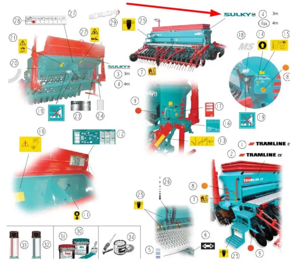 Oryginalna naklejka z logo "Sulky" duża, o numerze katalogowym 898338, stosowana w maszynach uprawowych marki Sulky.-schemat