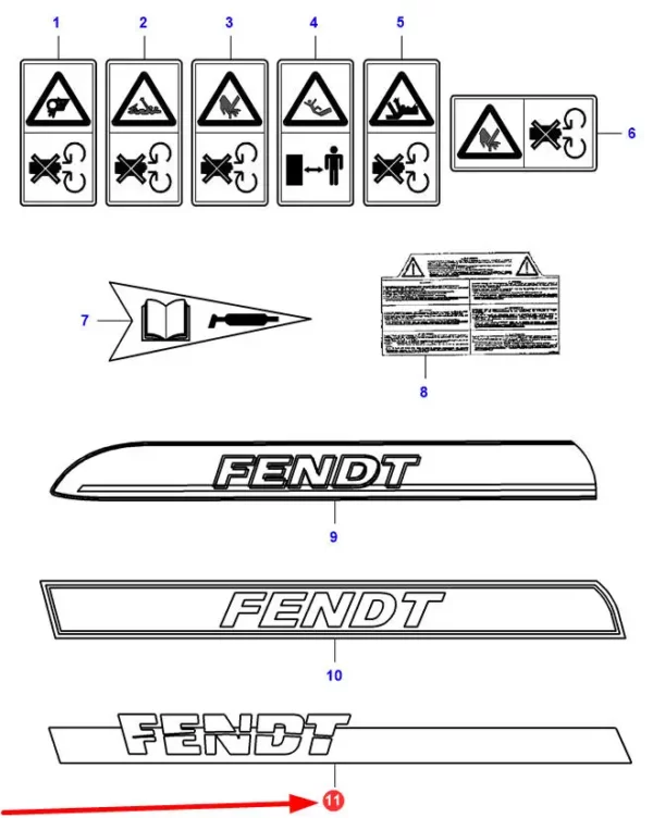 Oryginalna naklejka z logo "Fendt", o numerze katalogowym 7111152M1, stosowana w hederach marki Massey Ferguson.-schemat