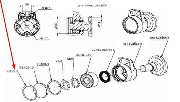 Oryginalny pierścień segera o wymiarach D105 x 4 mm, szeroko stosowany w maszynach uprawowych marki Agrisem. schemat