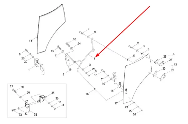 Oryginalny uchwyt lewych drzwi o numerze katalogowym L0004461, stosowany w ciągnikach rolniczych marek Arbos oraz Lovol.-schemat