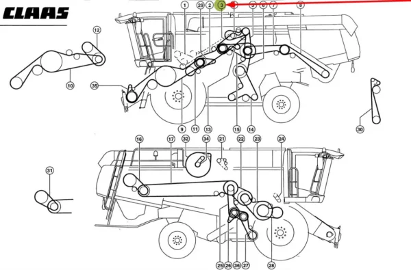 Oryginalny pasek klinowy zespolony o wymiarach 6B x 3250 lp i numerze katalogowym 667452.1, stosowany w kombajnach zbożowych marki Claas. schemat