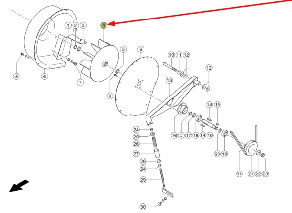 Oryginalny wirnik dmuchawy napędu kosza chłodnicy o numerze katalogowym 799182.1, stosowany w kombajnach zbożowych marki Claas schemat.