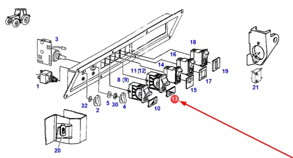 Oryginalna wkładka przełącznika świateł roboczych o numerze katalogowym X830241451000, stosowana w ciągnikach rolniczych marki Fendt. schemat