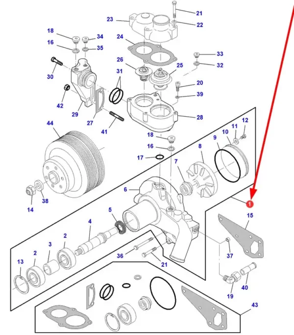 Oryginalna pompa wodna o numerze katalogowym 74715183, stosowana w ciągnikach rolniczych marki Massey Ferguson. schemat